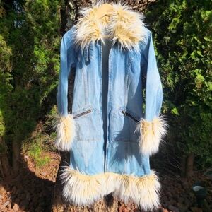 Y2K Fur-Trimmed Denim Trench Duster